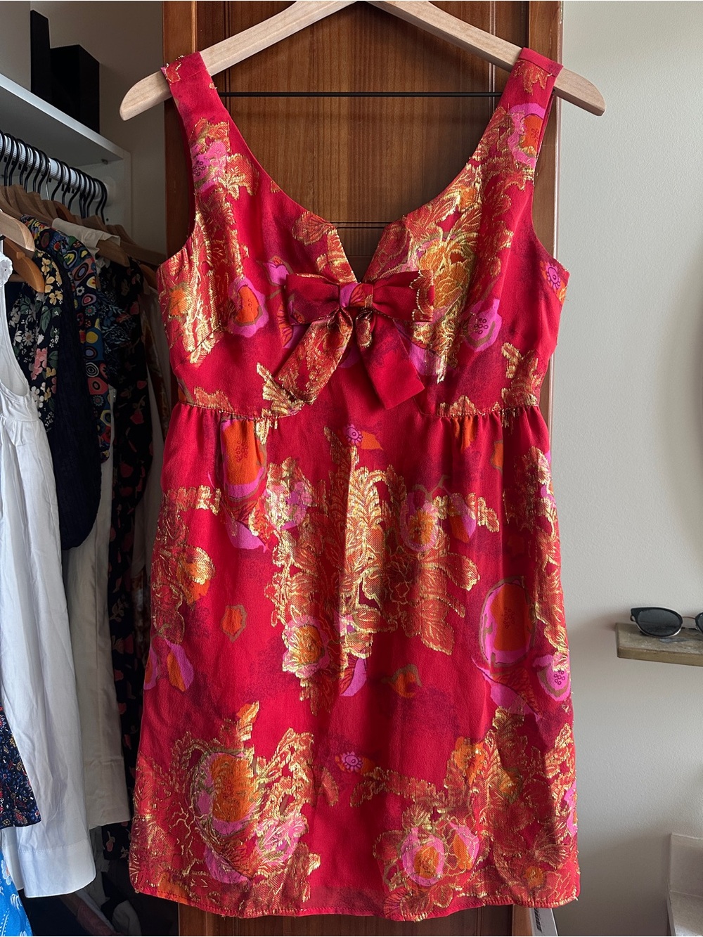 Anna Sui Red Floral Bow Babydoll Dress sz 0